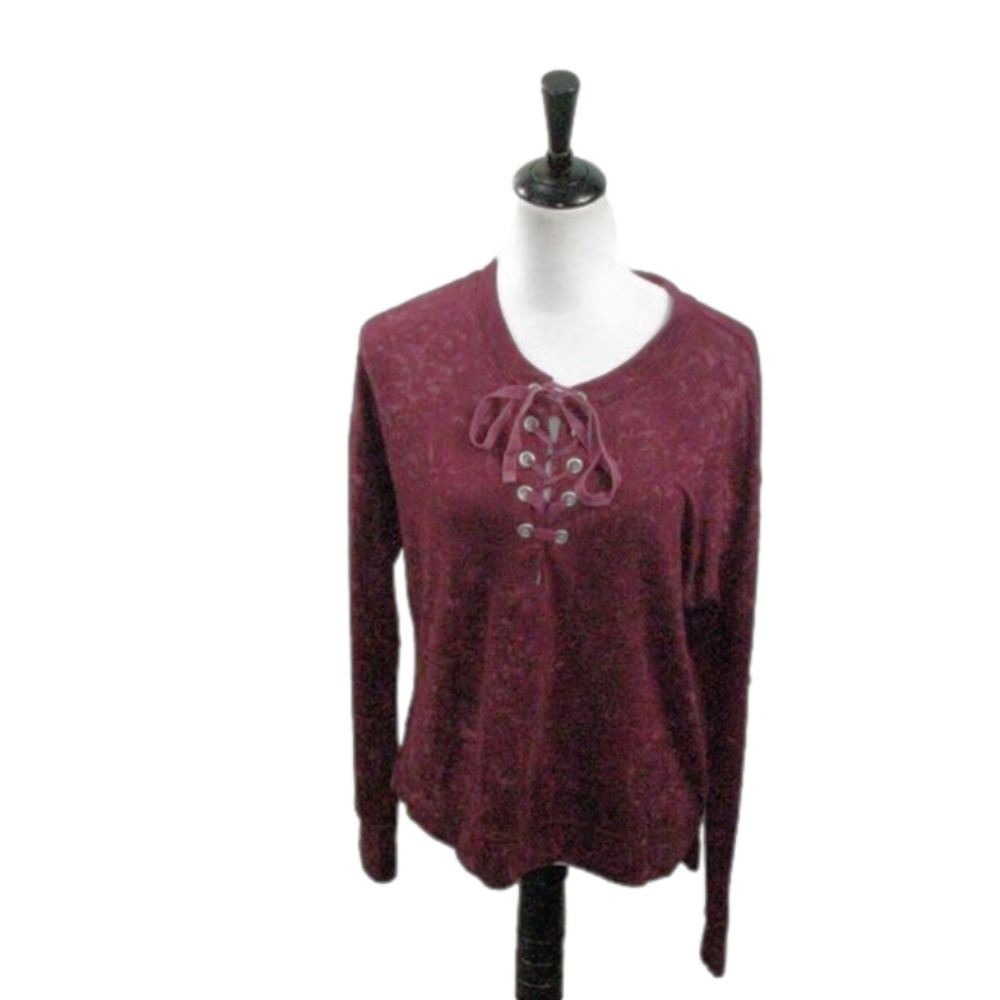 Mudd Burgandy Cris Cross Tie Neckline Long Sleeve Top Size Large